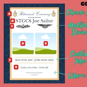 May include: A navy blue and gold retirement ceremony announcement. The announcement includes the text "Retirement Ceremony" and "STGCS Joe Sailor". It features two images, custom career information, and the dates May 27th, 1997 - June 30th, 2024.