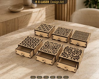 6 Different Patterned Drawer Box Laser Cut Svg Files, Laser Cut Gift Box, Vector Files For Laser Cutting