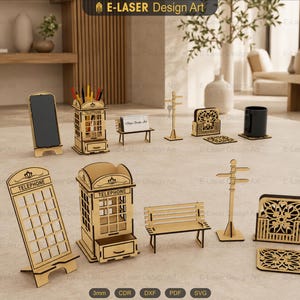 May include: A collection of laser-cut wooden desk accessories including a telephone booth pen holder with a drawer, a telephone booth phone stand, a miniature park bench, a signpost, and a decorative coaster set with a matching holder.