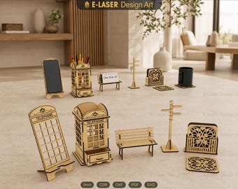 5 Pcs London Set Laser Cut Svg Files, Pencil Holder, Business Card Holder, Phone Stand, Key Holder, Coaster, Vector Files For Laser Cutting