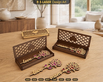Boxed Flower Gift Laser Cut Svg Files, Mom Gift, Laser Cut Gift Box and Flower, Vector Files For Laser Cutting