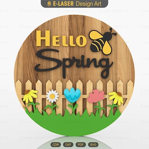 Archivos SVG de colgador de puerta cortados con láser "Hola Primavera", archivos vectoriales para corte láser