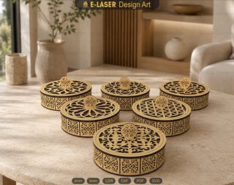 6 Different Patterned Decorative Round Box Laser Cut Svg Files, Laser Cut Gift Box, Vector Files For Laser Cutting