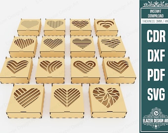 15 Different Decorative Heart Patterned Laser Cut Gift Box With Lid Svg Files, Jewelry Box Files, Vector Files For Laser Cutting
