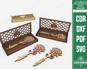 Boxed Flower Gift Laser Cut Svg Files, Mom Gift, Laser Cut Gift Box and Flower, Vector Files For Laser Cutting