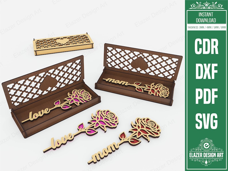 Boxed Flower Gift Laser Cut Svg Files, Mom Gift, Laser Cut Gift Box and Flower, Vector Files For Laser Cutting image 1