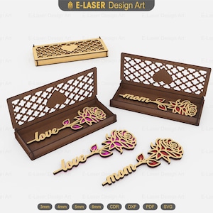 Boxed Flower Gift Laser Cut Svg Files, Mom Gift, Laser Cut Gift Box and Flower, Vector Files For Laser Cutting