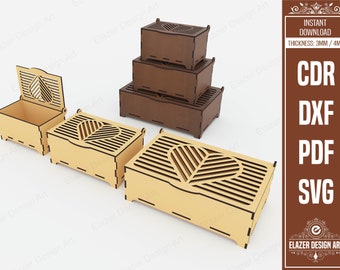 3 Different Size Decorative Storage Box Laser Cut Svg Files, Laser Cut Gift Box, Jewelry Box Files, Vector Files For Laser Cutting