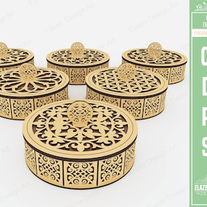 6 verschiedene gemusterte dekorative runde Box Laser Cut SVG-Dateien, Laser Cut Geschenkbox, Vektordateien für das Laserschneiden