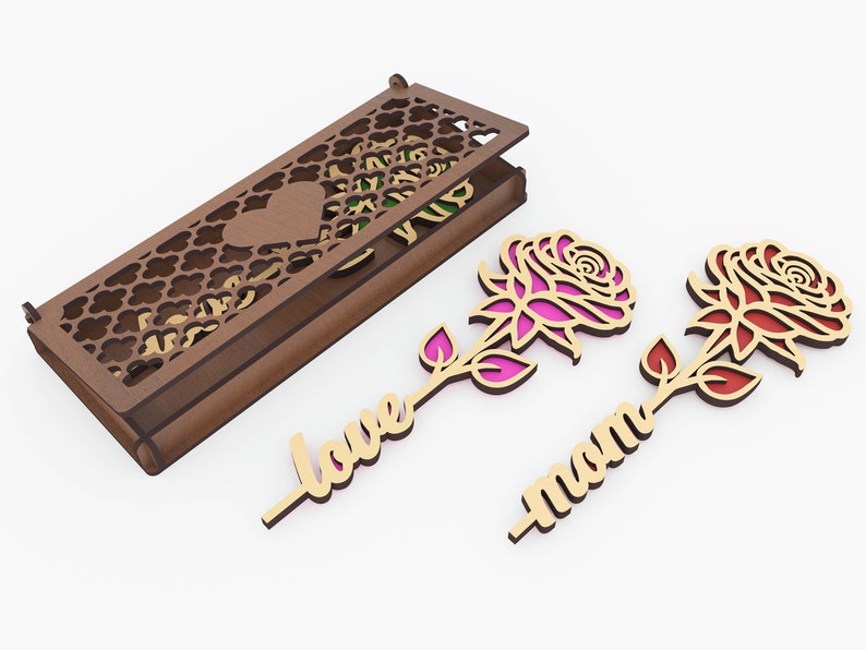 Boxed Flower Gift Laser Cut Svg Files, Mom Gift, Laser Cut Gift Box and Flower, Vector Files For Laser Cutting image 2