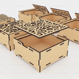 6 cajas decorativas con tapa y diferentes diseños para corte láser (archivos SVG y vectoriales para corte láser). imagen 3