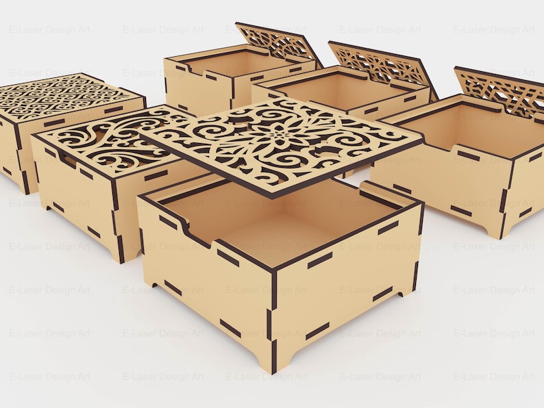6 cajas decorativas con tapa y diferentes diseños para corte láser (archivos SVG y vectoriales para corte láser). imagen 3
