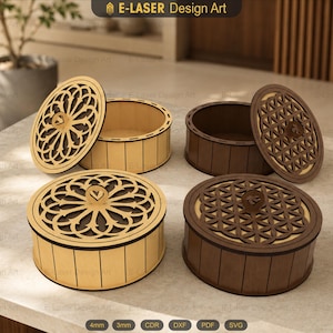 May include: Four round wooden boxes with laser-cut lids. Two boxes are light wood with a gothic-style circular pattern, and two are dark wood with a geometric flower-of-life pattern. Each box has a vertical slat design on the sides.