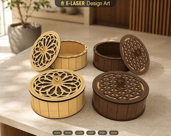 Caja redonda decorativa para cortar con láser (archivos SVG), caja de regalo para cortar con láser, archivos vectoriales para corte láser.
