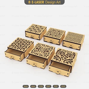 6 Different Patterned Drawer Box Laser Cut Svg Files, Laser Cut Gift Box, Vector Files For Laser Cutting