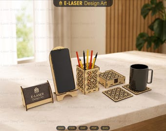 4 Pcs Laser Cut Svg Files, Business Card Holder, Phone Holder, Pencil Holder, Coaster, Vector Files For Laser Cutting