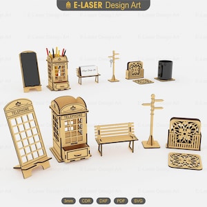 5 Pcs London Set Laser Cut Svg Files, Pencil Holder, Business Card Holder, Phone Stand, Key Holder, Coaster, Vector Files For Laser Cutting