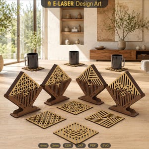 4 Decorative Pattern Boxed Coasters Laser Cut Svg Files, Vector Files For Laser Cutting