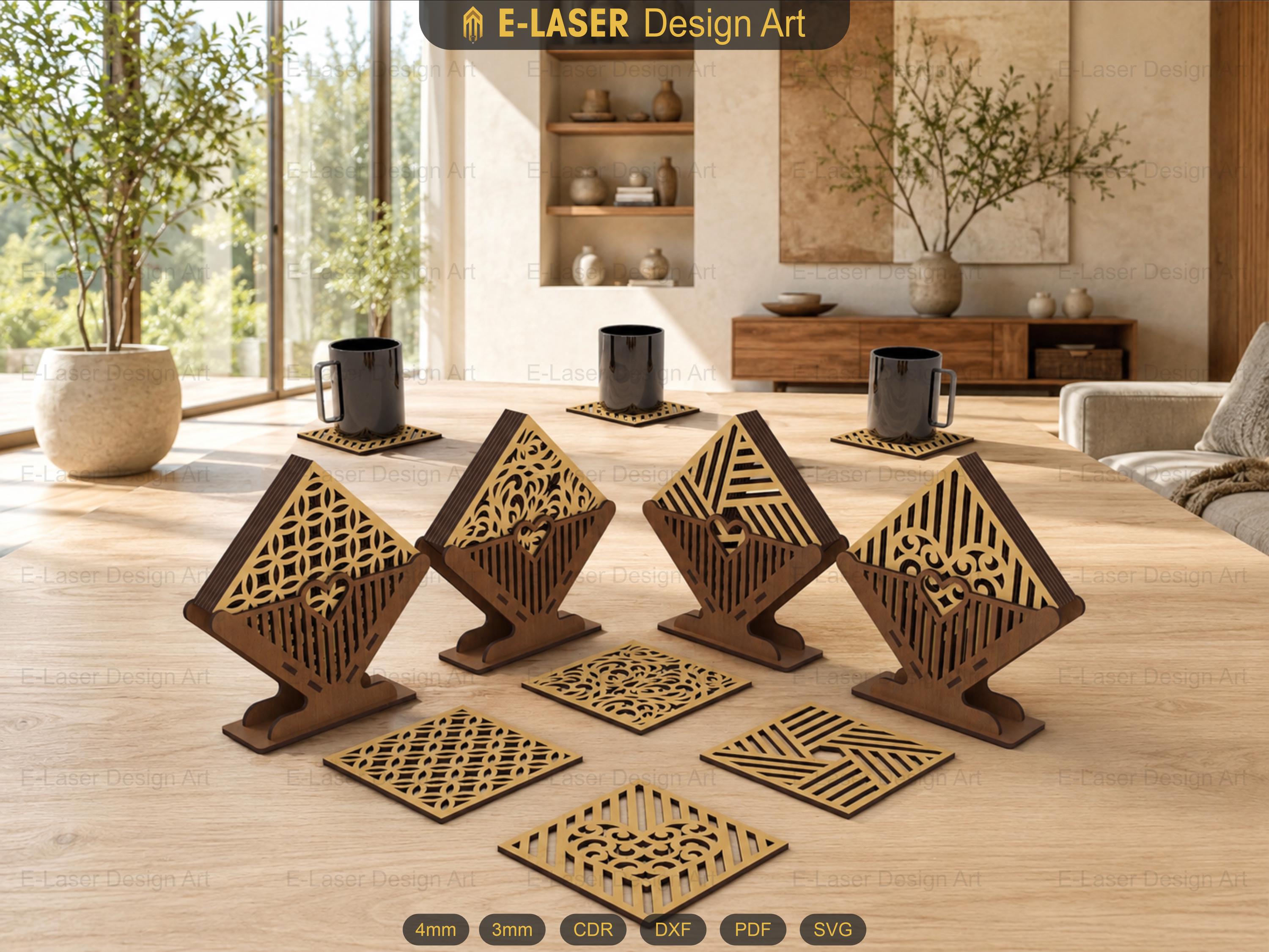 4 Decorative Pattern Boxed Coasters Laser Cut Svg Files, Vector Files ...