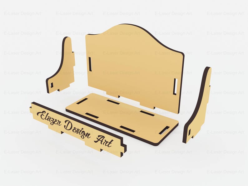 Peut inclure: Un kit de bricolage en bois clair compos&eacute; de cinq pi&egrave;ces plates d&eacute;coup&eacute;es au laser, pr&ecirc;tes &agrave; &ecirc;tre assembl&eacute;es. Le panneau avant porte l'inscription Elazer Design Art dans une police cursive sombre. Le kit comprend un panneau arri&egrave;re, une base, deux supports lat&eacute;raux et une pi&egrave;ce avant.