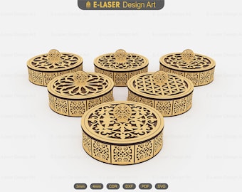 6 Different Patterned Decorative Round Box Laser Cut Svg Files, Laser Cut Gift Box, Vector Files For Laser Cutting
