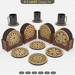 4 Decorative Pattern Boxed Coasters Laser Cut Svg Files, Vector Files For Laser Cutting