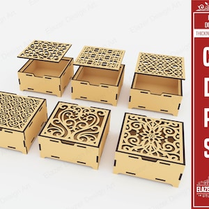 6 cajas decorativas cortadas con láser con diferentes patrones con archivos svg de tapa, archivos vectoriales para corte por láser