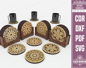 4 Decorative Pattern Boxed Coasters Laser Cut Svg Files, Vector Files For Laser Cutting