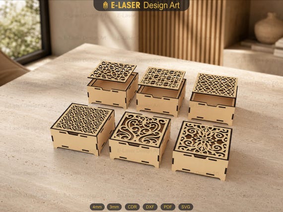 6 Different Patterned Laser Cut Decorative Box With Lid Svg Files, Vector Files For Laser Cutting