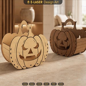 May include: Two laser-cut wooden pumpkin-shaped baskets with handles. Each basket features a carved jack-o'-lantern face with triangular eyes and a jagged mouth. The left basket is light tan, while the right basket is a darker brown wood tone.