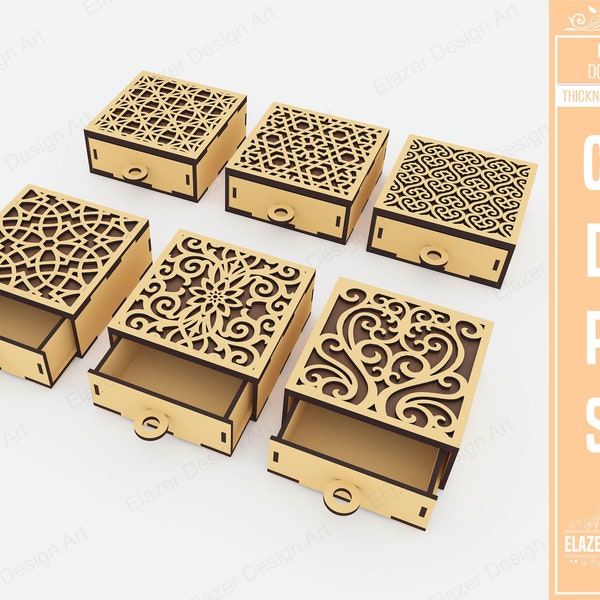 6 Different Patterned Drawer Box Laser Cut Svg Files, Laser Cut Gift Box, Vector Files For Laser Cutting