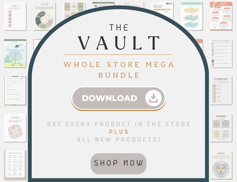 May include: A digital download for a whole store mega bundle of printable planners and worksheets. The image features a light grey background with a dark grey archway. The text "THE VAULT" is in a large, bold font. The text "WHOLE STORE MEGA BUNDLE" is in a smaller, bold font. A light grey button with the text "DOWNLOAD" is in the centre of the image. The text "GET EVERY PRODUCT IN THE STORE PLUS ALL NEW PRODUCTS!" is in a smaller font. A light grey button with the text "SHOP NOW" is at the bottom of the image.