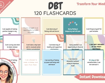 May include: A set of 120 DBT flashcards with colorful backgrounds and positive affirmations. The text on the cards includes phrases like "I am capable of making positive changes in my life" and "Every struggle is an opportunity to build strength". The cards are designed to help people manage difficult emotions and develop healthy coping skills.