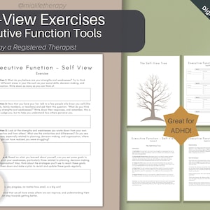 以下が含まれることがあります： 自己省察と実行機能のための印刷可能なワークシートセット。このセットには、自己認識、目標設定、強みと弱みの理解のためのエクササイズが記載された15ページが含まれています。このワークシートセットは、ADHDを持つ人々のために設計されています。このセットのタイトルは「Self-View Exercises Executive Function Tools」で、登録されたセラピストによって作成されました。