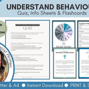 Pode incluir: Um conjunto de recursos imprimíveis para entender o comportamento, incluindo um questionário, folhas informativas e flashcards. Os recursos apresentam um esquema de cores azul e verde e incluem o texto "Entender o Comportamento Questionário, Folhas Informativas e Flashcards".