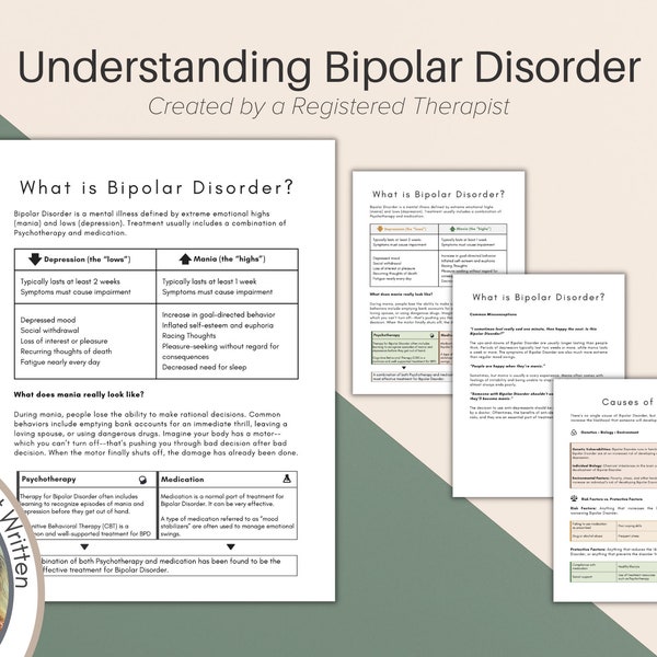 Therapist Guide to Bipolar Disorder, Understanding BPD, Causes of BPD, Therapy Tools, Printable Resource, Depression and Mania Awareness