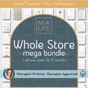 May include: A collage of printable worksheets and resources for therapists. The image features a woman smiling and the text "Whole Store -mega bundle- + all new items for 12 months Therapist Written. Therapist Approved"