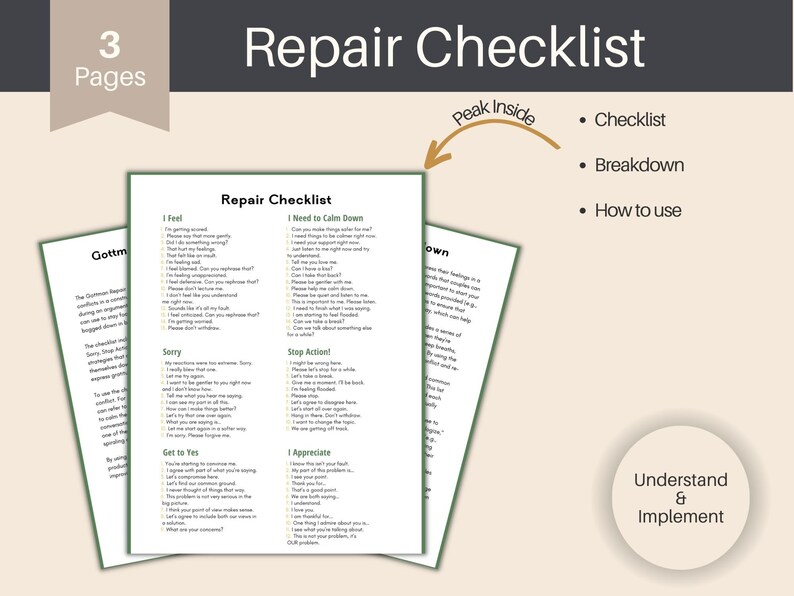 Parterapi-arbetsblad och konfliktlösningspaket | Gottman Repair Checklist, Four Horsemen Guide (digital nedladdning) bild 5