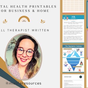 May include: A collection of printable mental health resources for businesses and homes. The resources are written by therapists and include topics such as thought behaviour, the depression iceberg, coping skills, and understanding the ego states. The image also includes a photo of a woman with glasses and the text "@mialiferesources".