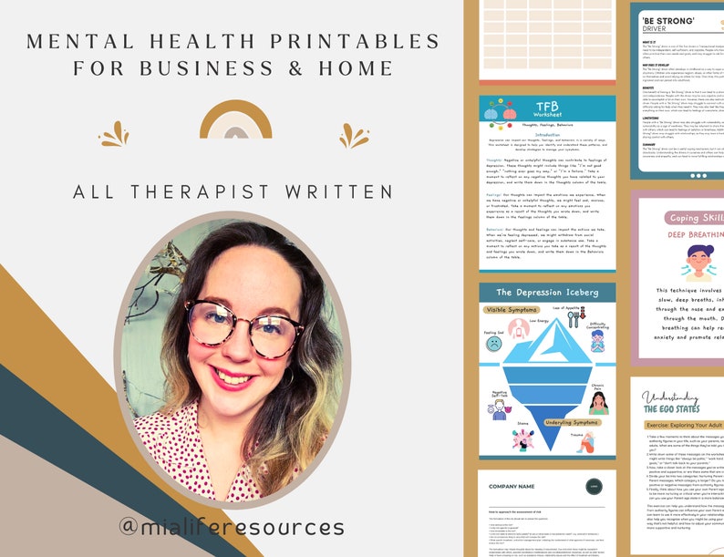 May include: A collection of printable mental health resources for businesses and homes. The resources are written by therapists and include topics such as thought behaviour, the depression iceberg, coping skills, and understanding the ego states. The image also includes a photo of a woman with glasses and the text "@mialiferesources".