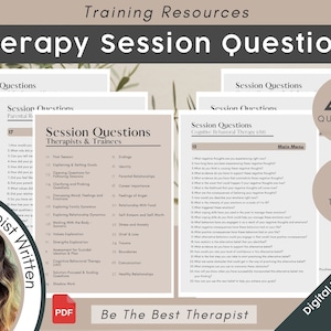 Peut inclure: Un téléchargement numérique de 400 questions de séances de thérapie pour les thérapeutes et les stagiaires. Les questions sont organisées en 27 thèmes, notamment l'explication et la définition des objectifs, la clarification et le sondage, l'exploration de l'humeur, des sentiments et des émotions, et le travail avec le corps. Le téléchargement est disponible au format PDF.
