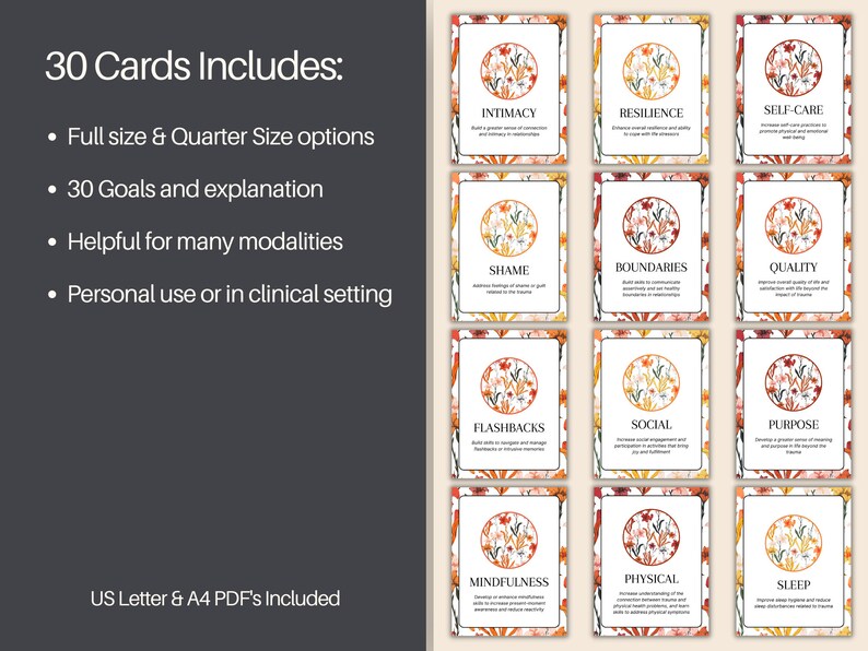 Trauma Goals for Therapy Flashcard Pack, Client Goal Setting Tools
