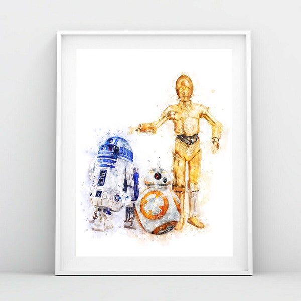 Star Wars Art Prints R2D2 C-3PO Watercolor Painting Star Wars Printable BB-8 Poster Star Wars Artwork Wall Home Decor Gift Digital Download