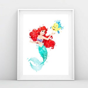 Little Mermaid Watercolor Art Print Princess Ariel Poster Little Mermaid Flounder Illustration Printable Art Wall Decor Digital Download