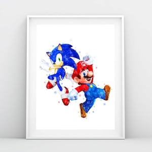 Sonic en Mario Aquarel Poster Sonic the Hedgehog Art Print Super Mario Printable Kids Nursery Wall Decor Verjaardagscadeau Digitaal Downloaden