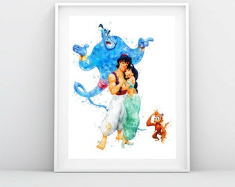 アラジン ジャスミン アブ ジーニー オウム ラゴ 水彩画 アラジンと