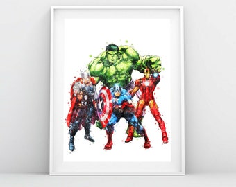 Avengers Watercolor Poster Superhero Art Print Superhero Nursery Wall Decor Hulk Printable Kids Room Decor Superhero Gift Digital Download