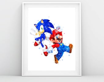 Sonic and Mario Watercolor Poster Sonic the Hedgehog Art Print Super Mario Printable Kids Nursery Wall Decor Birthday Gift Digital Download