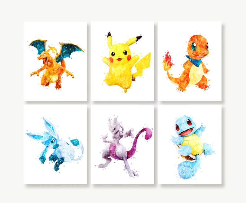 May include: Six watercolor illustrations of Pokemon characters. The characters are Pikachu, Charizard, Bulbasaur, Squirtle, Mewtwo, and Gengar. The illustrations are in a white background.