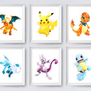 May include: Set of six watercolor prints featuring different Pokemon characters. The prints are in a white frame and feature a white background. The Pokemon characters are: Charizard, Pikachu, Charmeleon, Mewtwo, Squirtle, and Vaporeon.